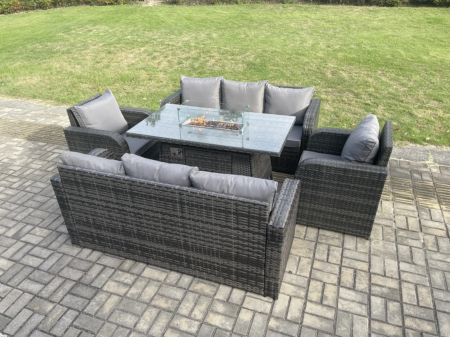 Ensemble de canapés en rotin Table de foyer à gaz Chauffage au gaz avec Canapé 3 places Fauteuil inclinable 8 places Gris foncé mixte