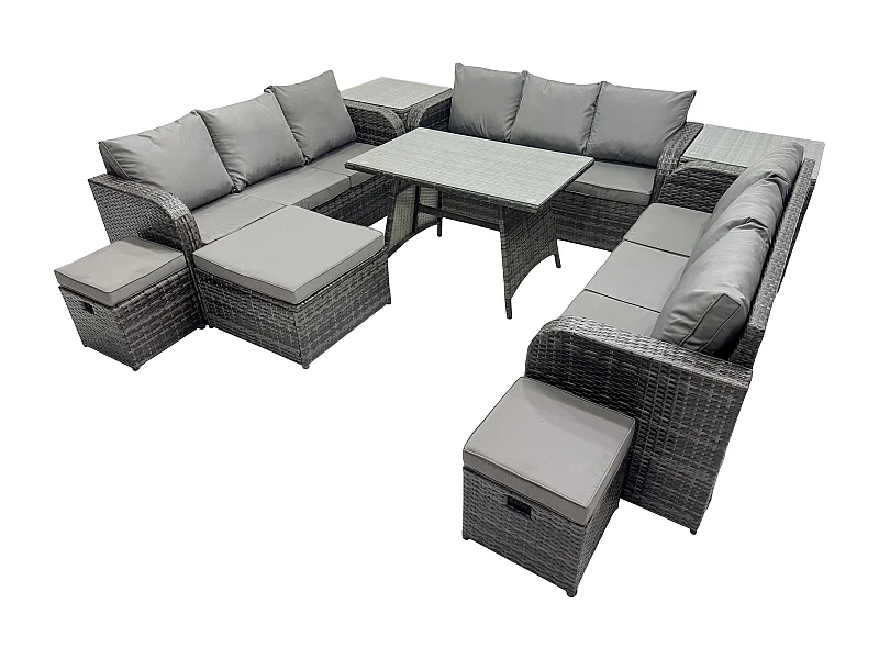 Polyrattan Gartenmöbel Set 12-Sitzer Polyrattan Garten Sofa im Freien Set mit 2 Beistelltischen Rechteckiger Esstisch 3 Hockern Dunkelgrau Gemischt