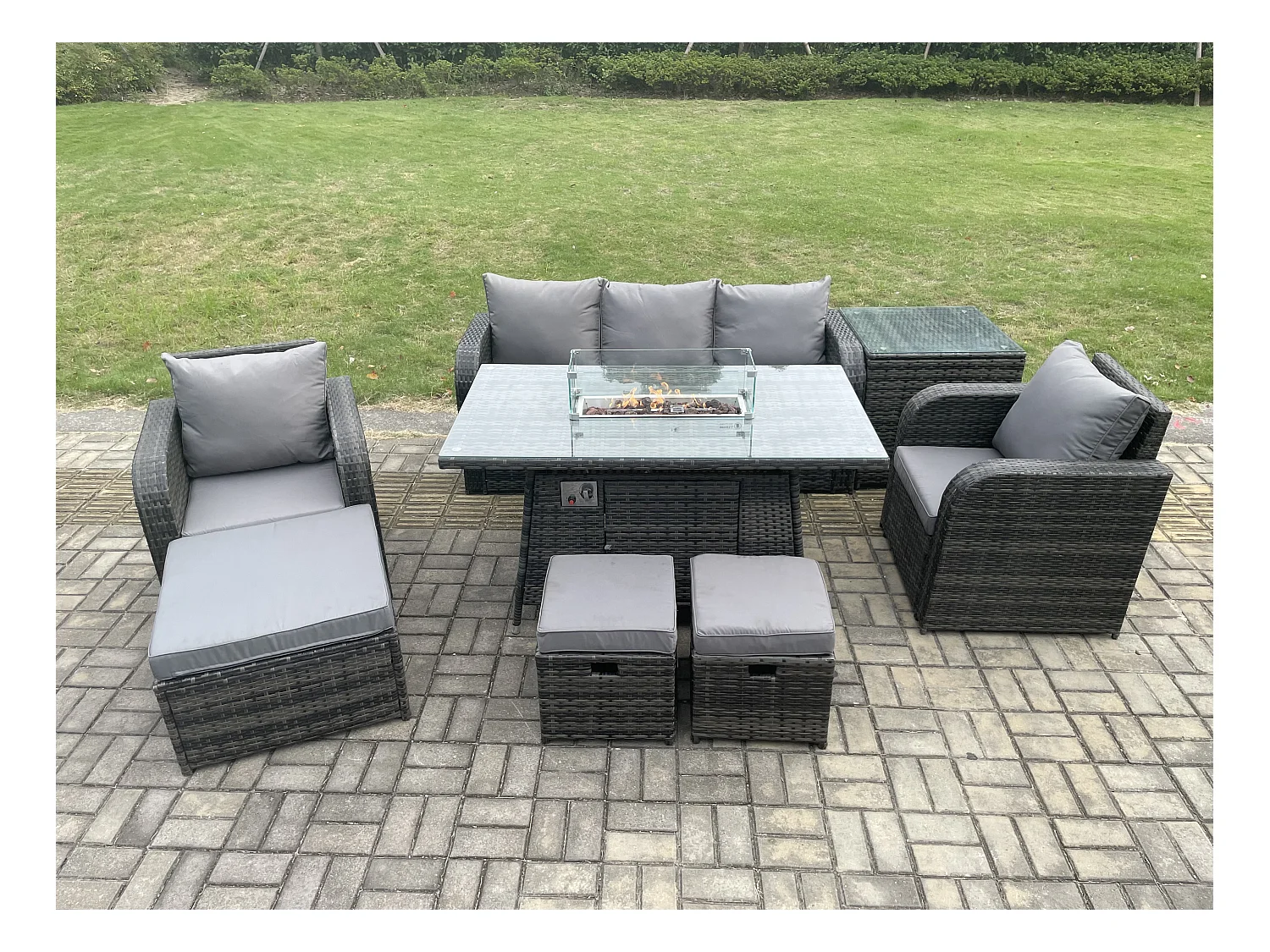 Ensemble de meubles de jardin en polyrotin Table de foyer à gaz Intérieur Extérieur avec Table d'appoint Fauteuil 3 Tabourets