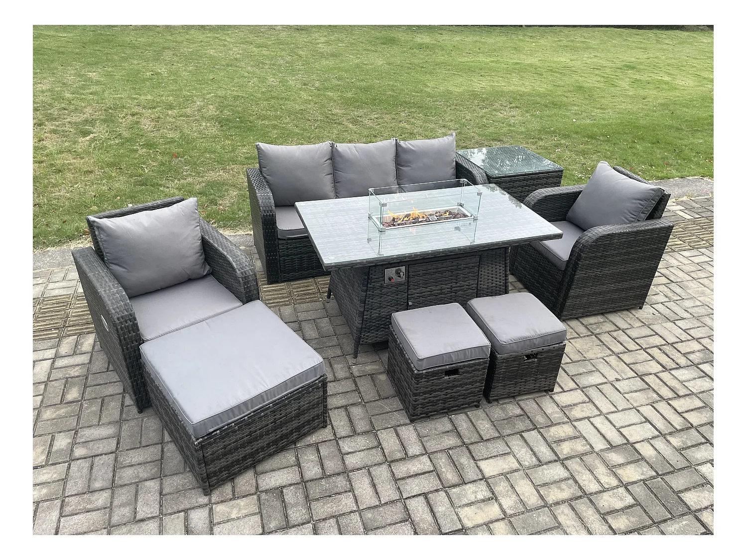 Ensemble de meubles de jardin en polyrotin Table de foyer à gaz Intérieur Extérieur avec Table d'appoint Fauteuil 3 Tabourets