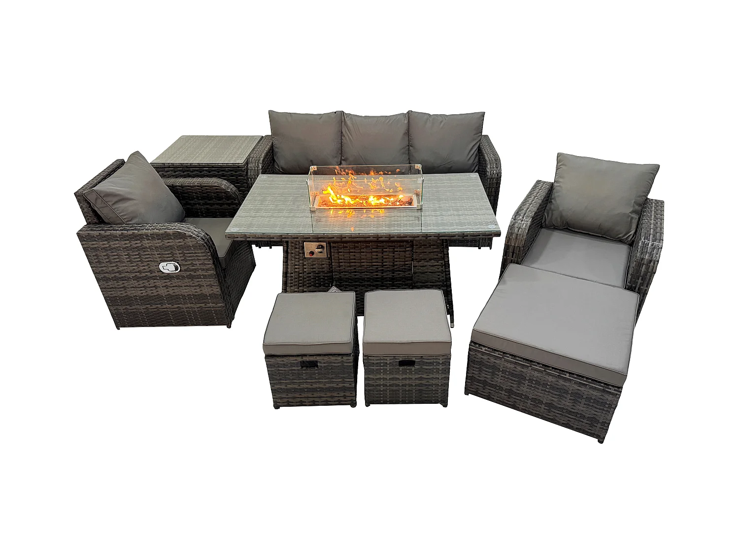 Polyrattan Gartenmöbel set Gas Feuerstelle Esstisch mit Beistelltisch Sessel 3 Hockern