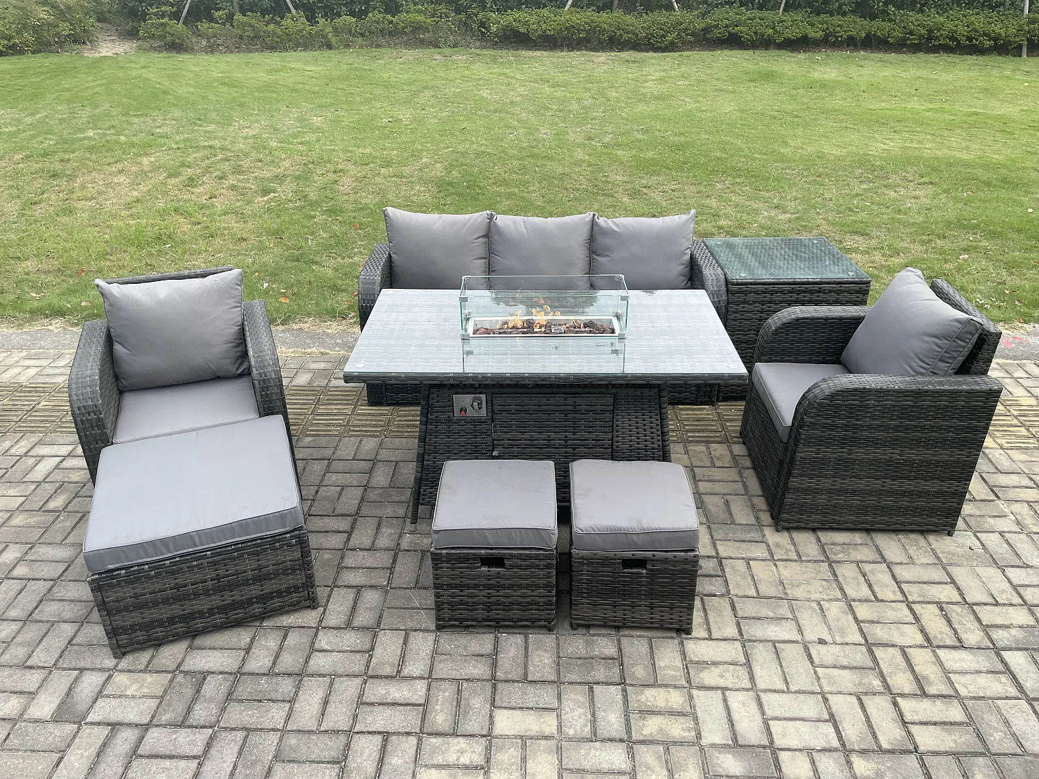 Polyrattan Gartenmöbel set Gas Feuerstelle Esstisch mit Beistelltisch Sessel 3 Hockern