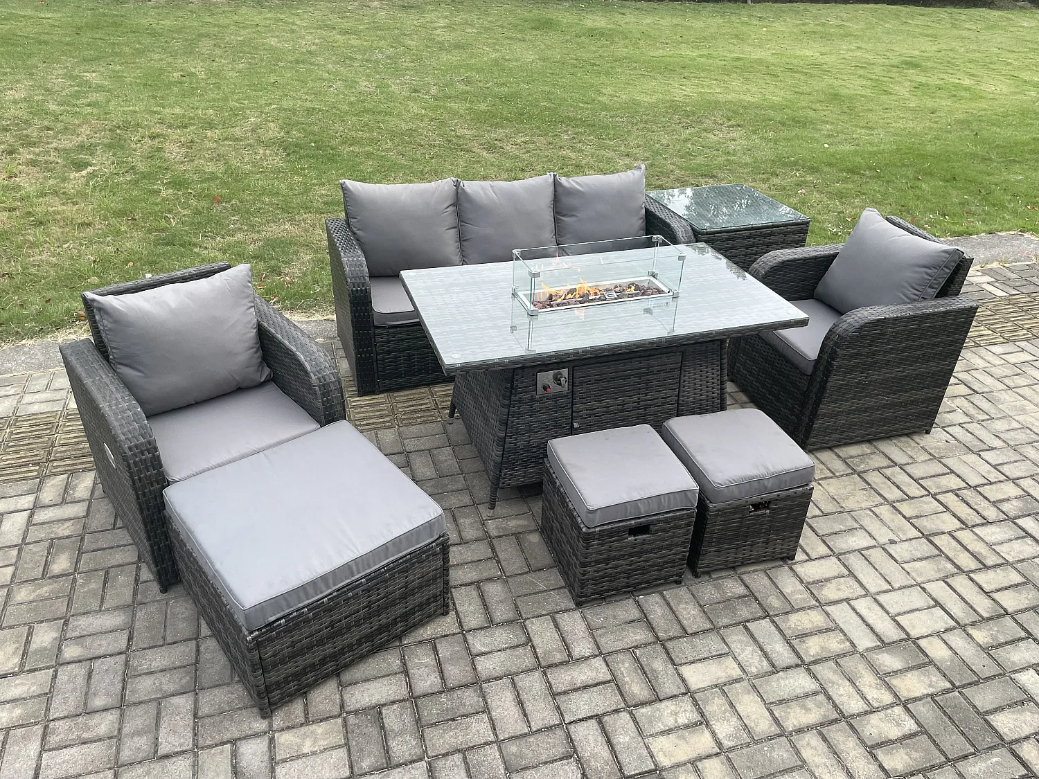 Polyrattan Gartenmöbel set Gas Feuerstelle Esstisch mit Beistelltisch Sessel 3 Hockern