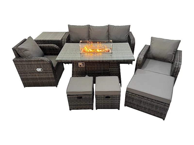 Polyrattan Gartenmöbel set Gas Feuerstelle Esstisch mit Beistelltisch Sessel 3 Hockern