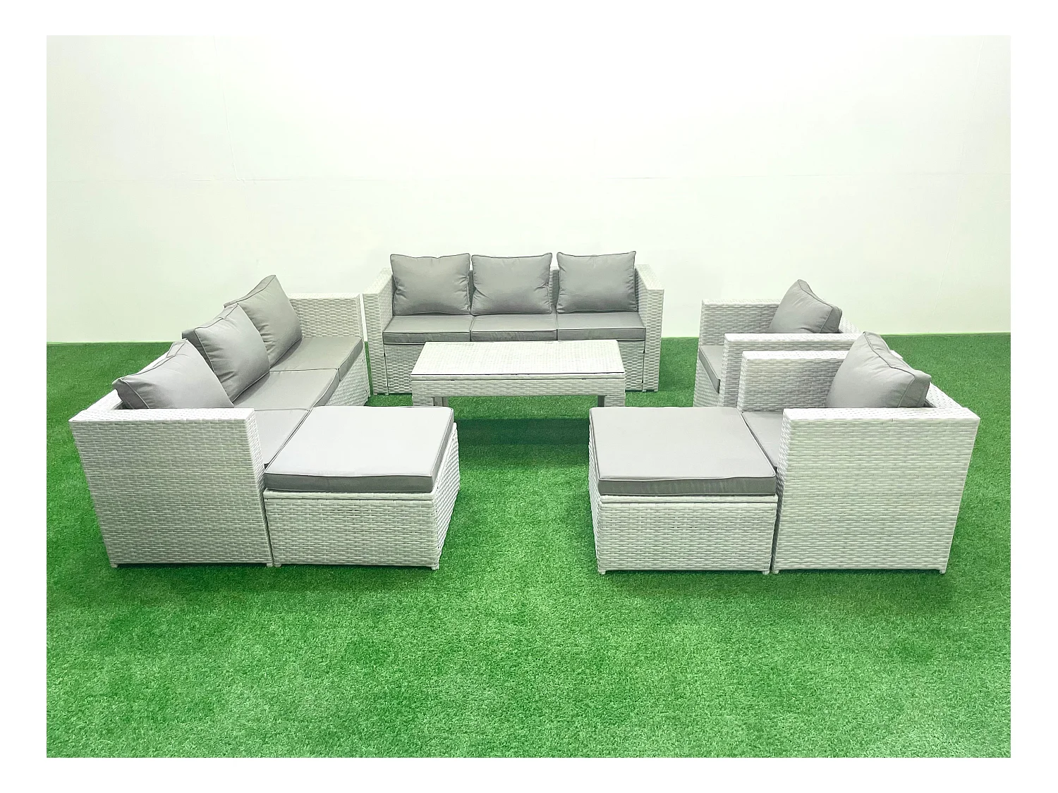 Gartenmöbelset Polyrattan mit 2 Sesseln Rechteckiger Couchtisch 2 hohen Hockern Hellgrau gemischt