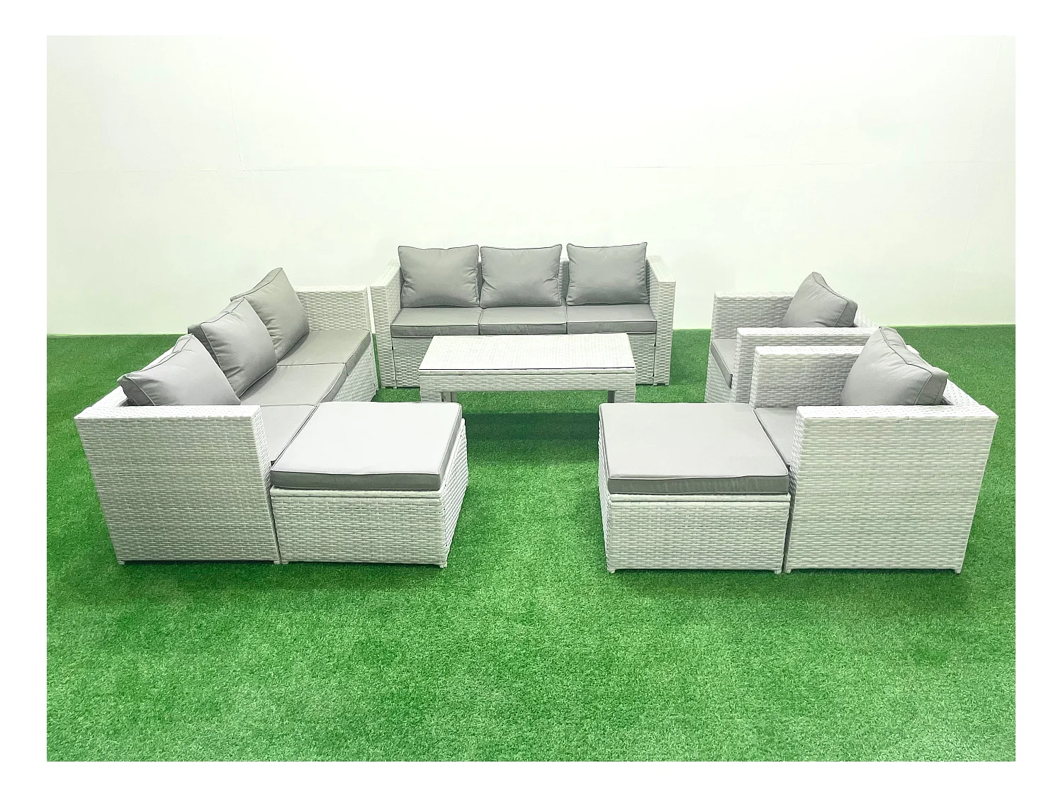 Gartenmöbelset Polyrattan mit 2 Sesseln Rechteckiger Couchtisch 2 hohen Hockern Hellgrau gemischt