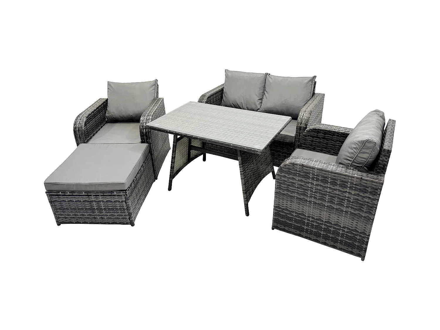 Polyrattan Gartenmöbel Set mit Liegestühle 2-Sitzer Sofa Rechteckiger Esstisch 2 Großer Hockern