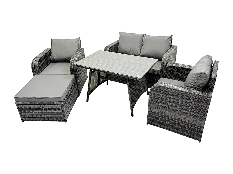 Salon de jardin Fauteuil Canapé 2 places Table à manger rectangulaire Grand tabouret