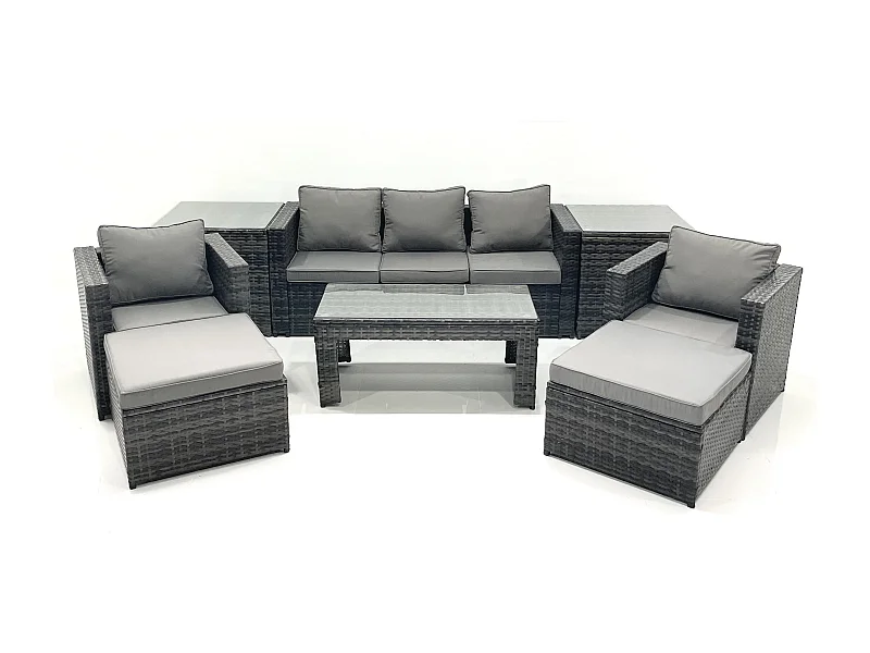 7-Sitzer Polyrattan Gartensofa Set Couchtisch 2 Sessel 2 hohen Hockern 2 Beistelltischen Dunkelgrau Gemischt