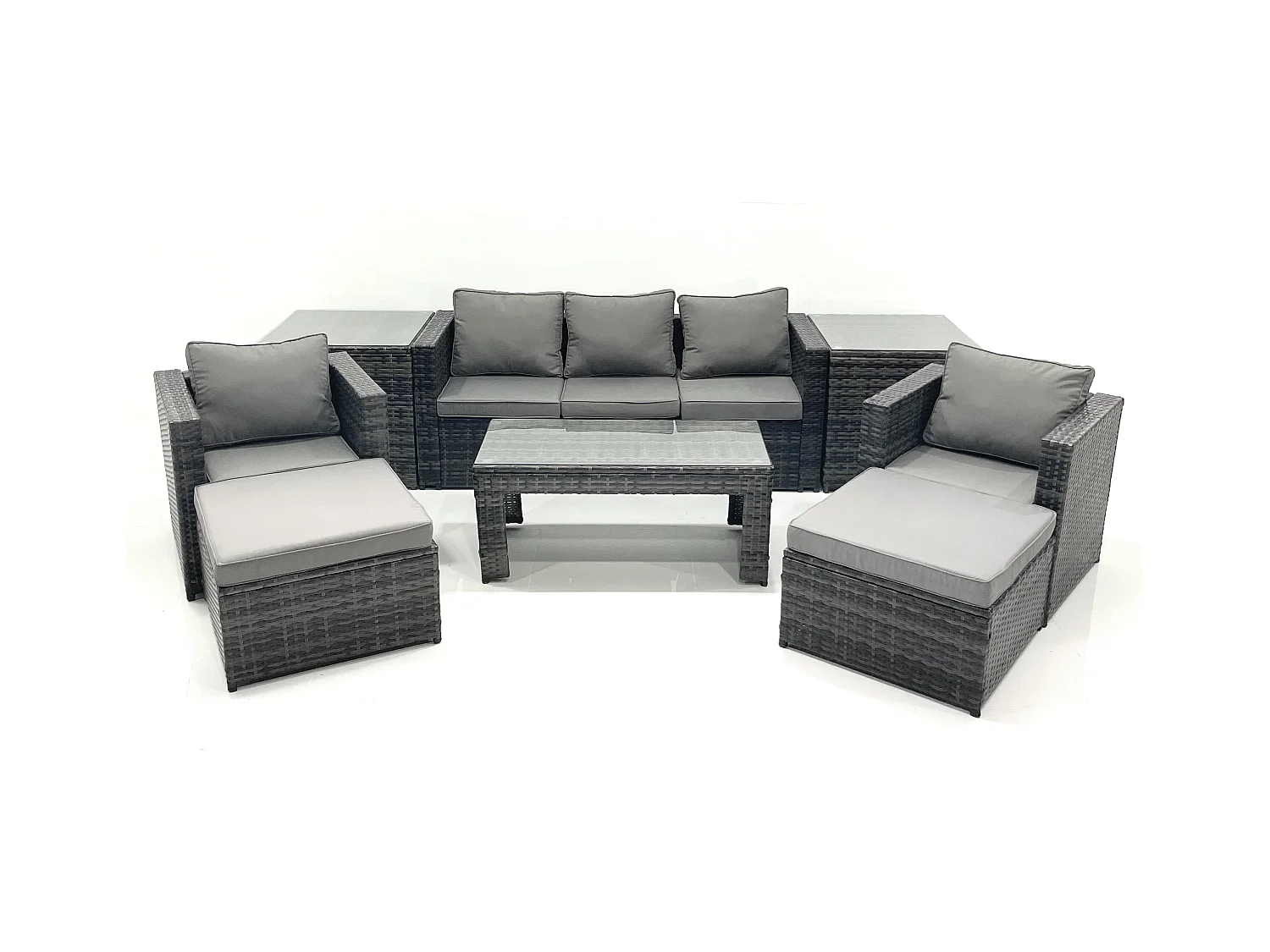 7-Sitzer Polyrattan Gartensofa Set Couchtisch 2 Sessel 2 hohen Hockern 2 Beistelltischen Dunkelgrau Gemischt