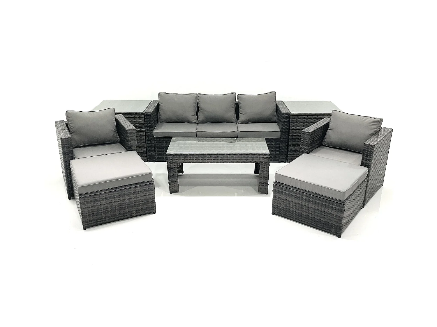 7-Sitzer Polyrattan Gartensofa Set Couchtisch 2 Sessel 2 hohen Hockern 2 Beistelltischen Dunkelgrau Gemischt