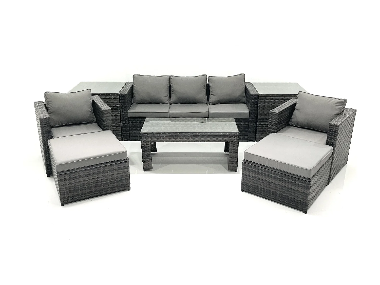 7 places Salon de jardin Ensemble de canapés en rotin avec Table basse 2 Fauteuil 2 Grand tabourets 2 Tables d'appoint Gris foncé mixte