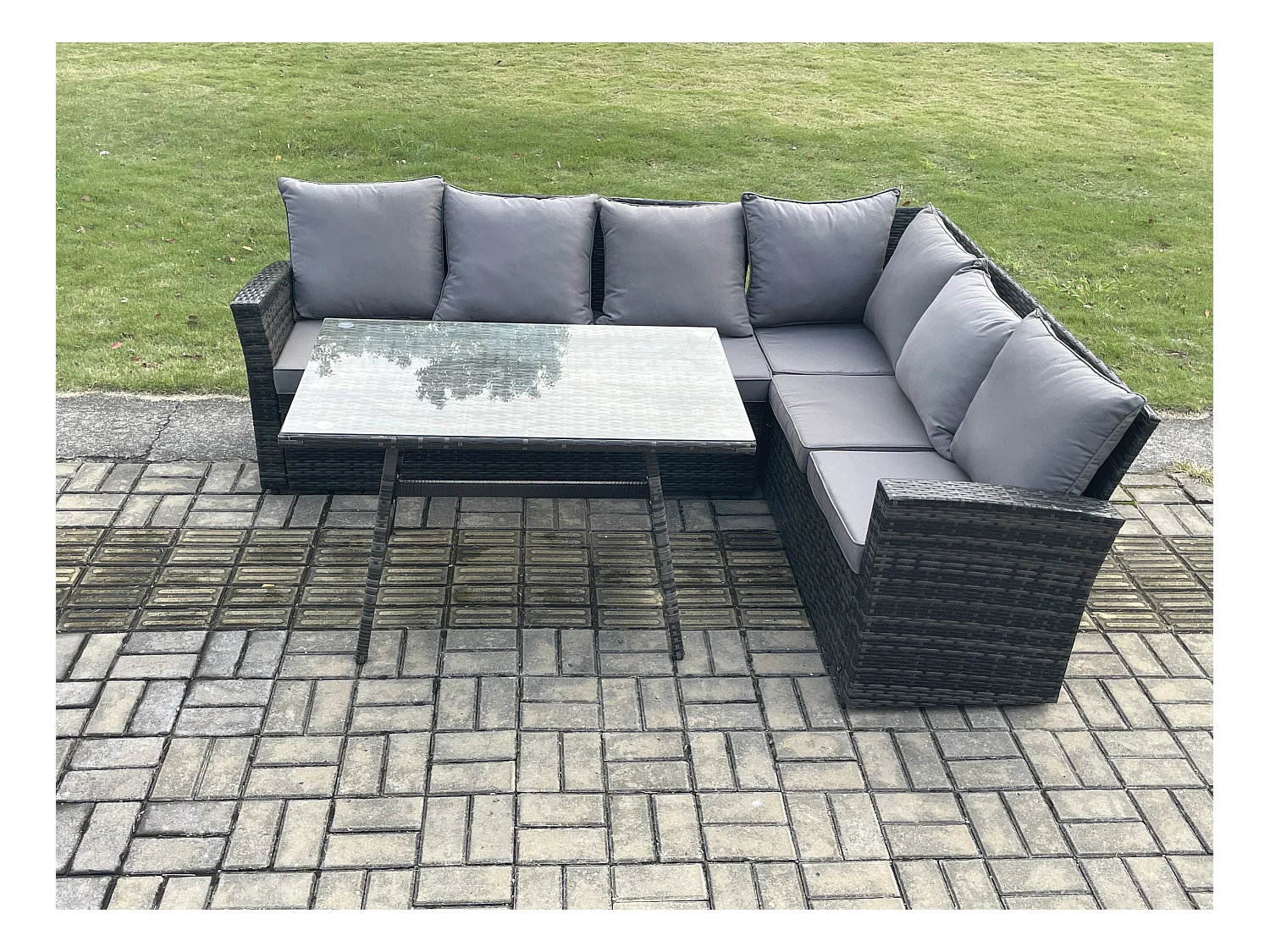Garten Lounge Set Polyrattan Gartenmöbel Set Rechteckiger Esstisch mit Temper Glass Dunkelgrau Gemischt