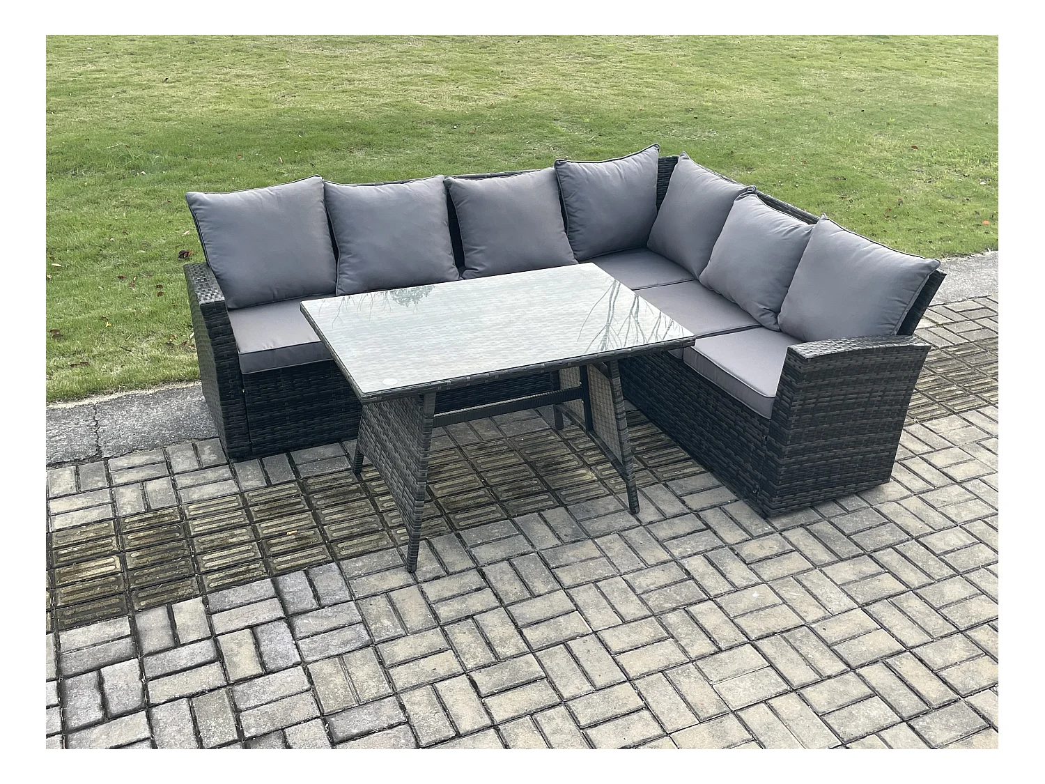 Garten Lounge Set Polyrattan Gartenmöbel Set Rechteckiger Esstisch mit Temper Glass Dunkelgrau Gemischt
