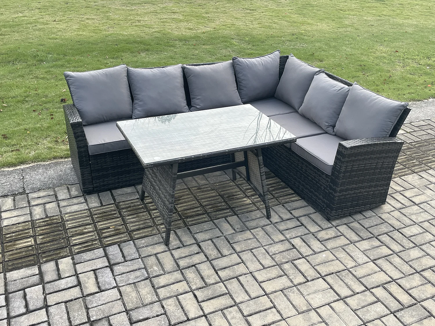 Garten Lounge Set Polyrattan Gartenmöbel Set Rechteckiger Esstisch mit Temper Glass Dunkelgrau Gemischt