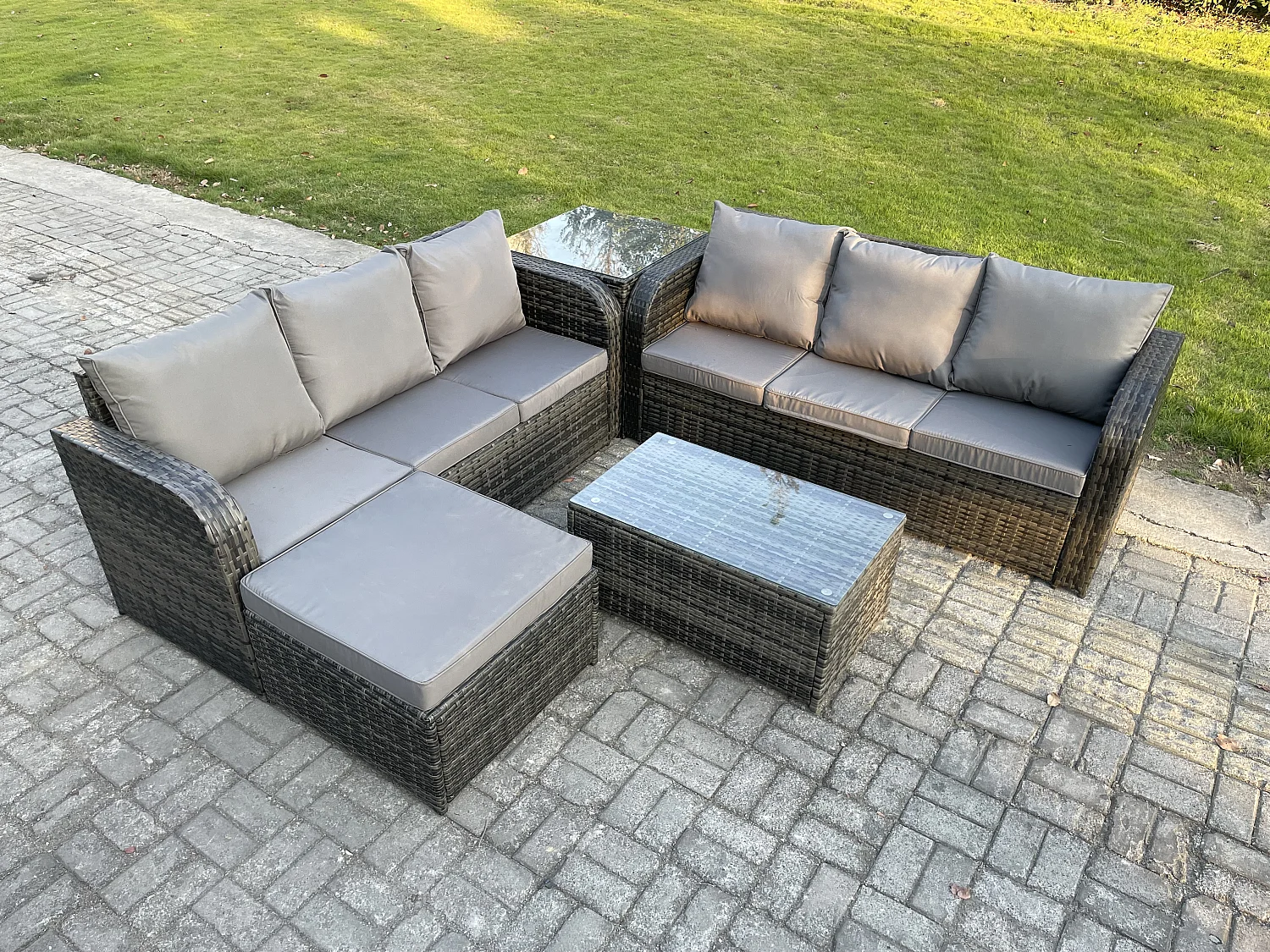 Gartenmöbel-Sets 7-Sitzer Polyrattan Möbel Sofa Sets mit Rechteckiger Couchtisch 3-Sitzer Sofa Beistelltisch