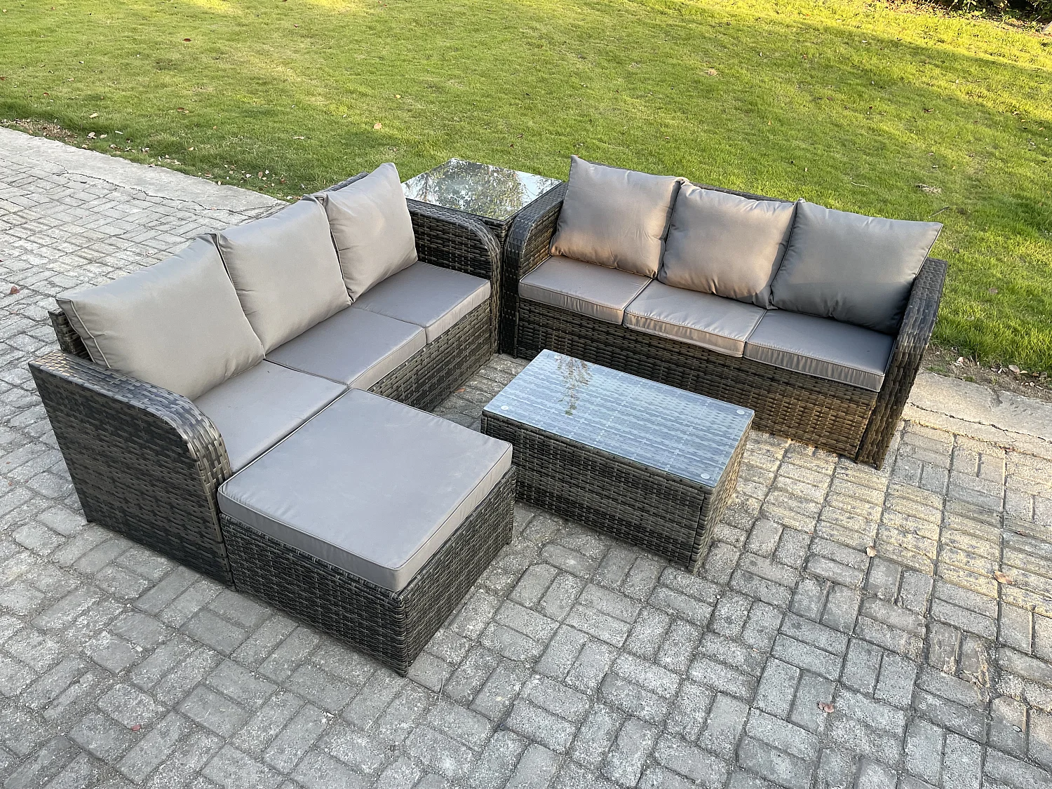 Gartenmöbel-Sets 7-Sitzer Polyrattan Möbel Sofa Sets mit Rechteckiger Couchtisch 3-Sitzer Sofa Beistelltisch