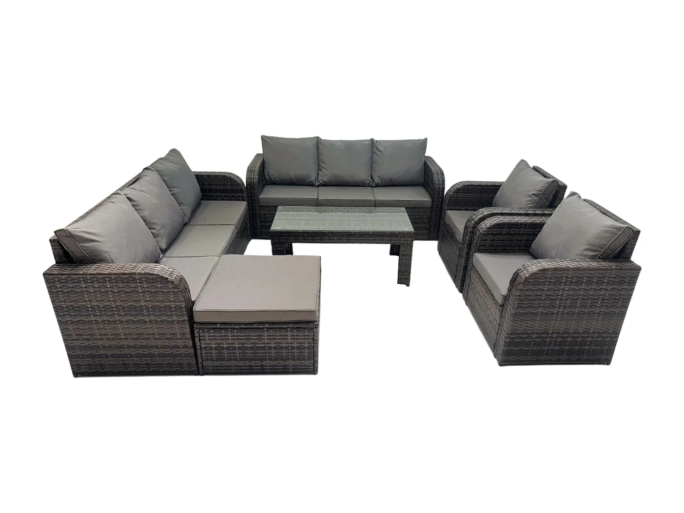 9 places Dossier haut Salon de jardin avec Chaise inclinable Table basse rectangulaire Grand tabouret Ensemble de canapés en rotin Gris foncé mixte