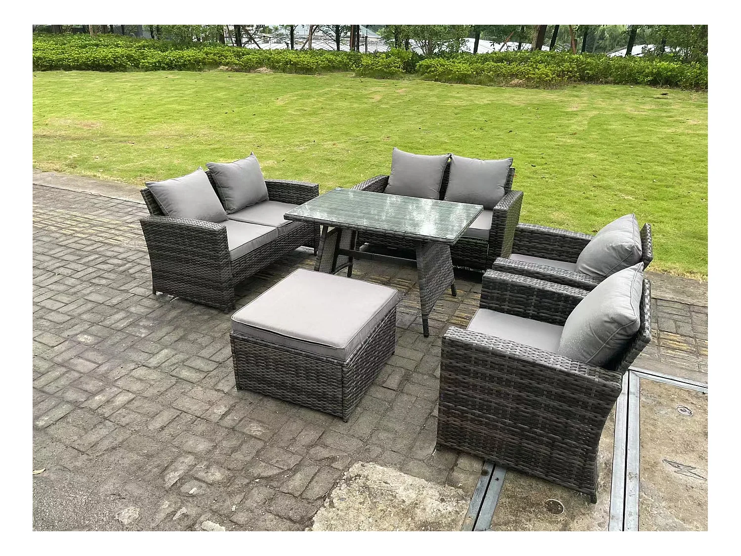 7-Sitzer Dunkelgrau Gemischt Hoher Rücken Rattan Sofa Esstisch Set Gartenmöbel Set mit Love Sofa Lehnstuhl