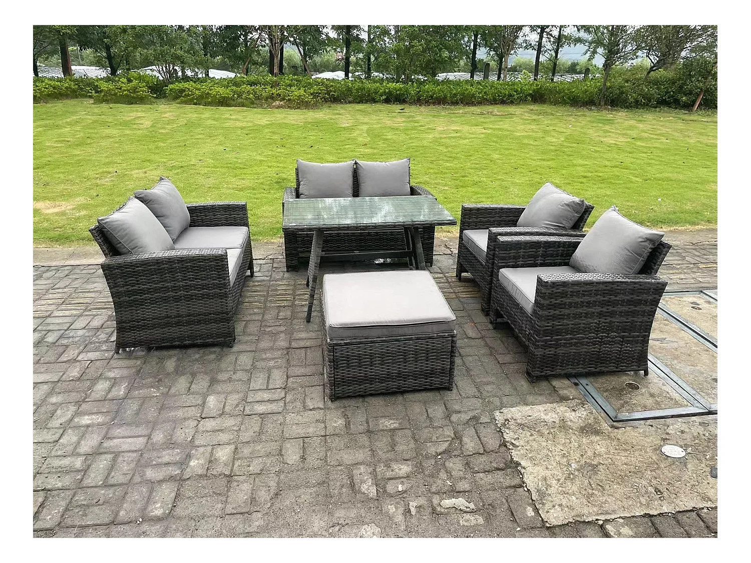 7-Sitzer Dunkelgrau Gemischt Hoher Rücken Rattan Sofa Esstisch Set Gartenmöbel Set mit Love Sofa Lehnstuhl