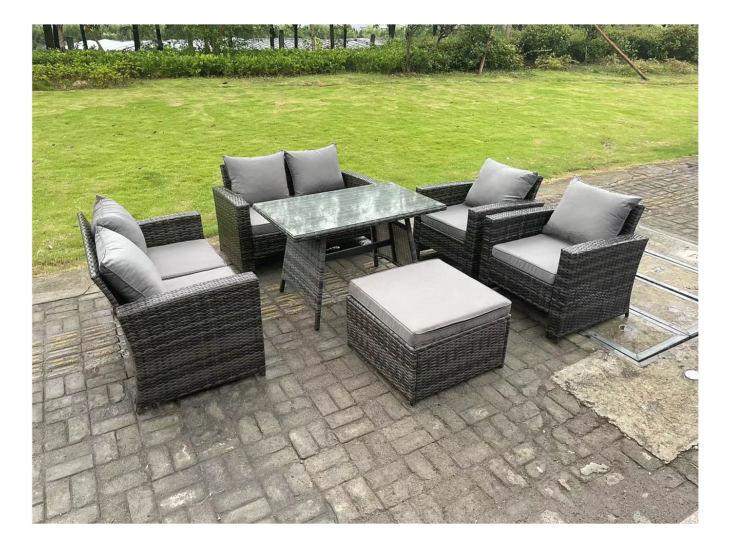 7-Sitzer Dunkelgrau Gemischt Hoher Rücken Rattan Sofa Esstisch Set Gartenmöbel Set mit Love Sofa Lehnstuhl