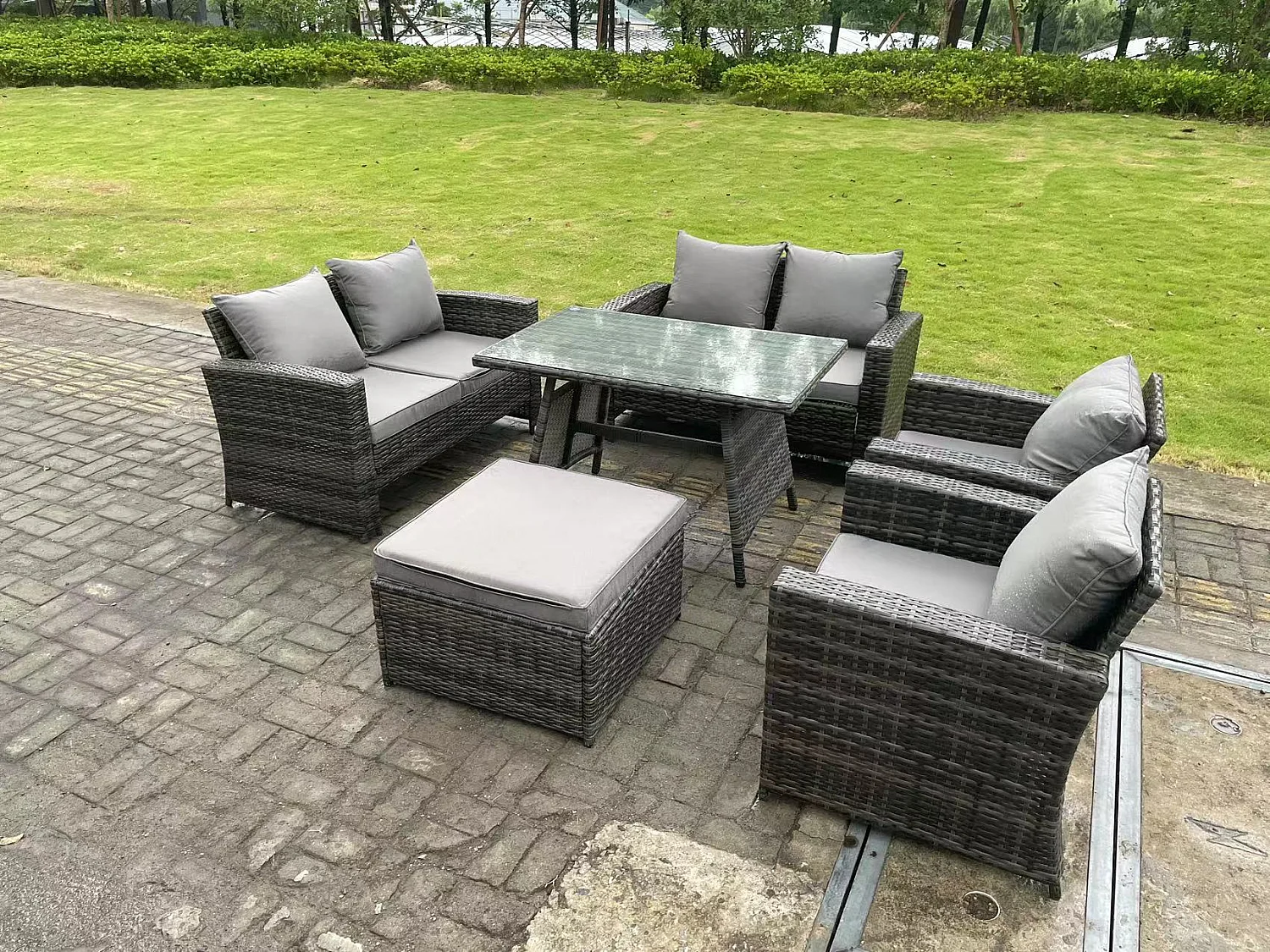 7 places Gris foncé mixte Dossier haut Meuble de Jardin Extérieur avec Canapé d'amour Fauteuil Table à manger