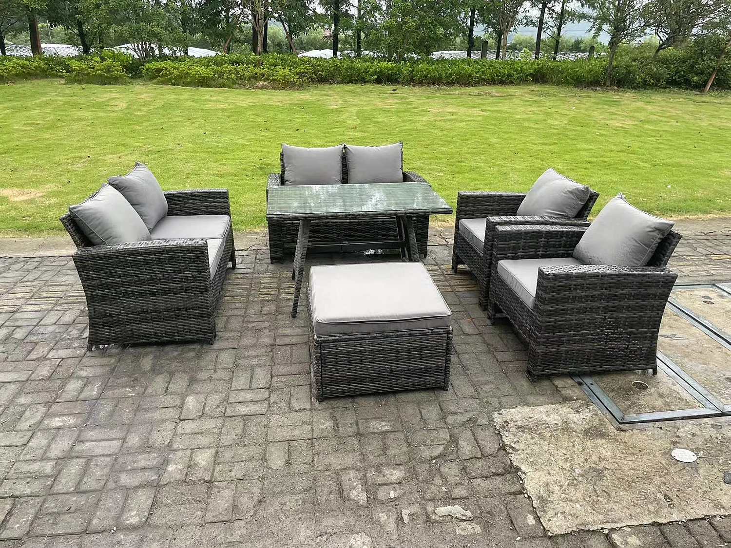 7 places Gris foncé mixte Dossier haut Meuble de Jardin Extérieur avec Canapé d'amour Fauteuil Table à manger