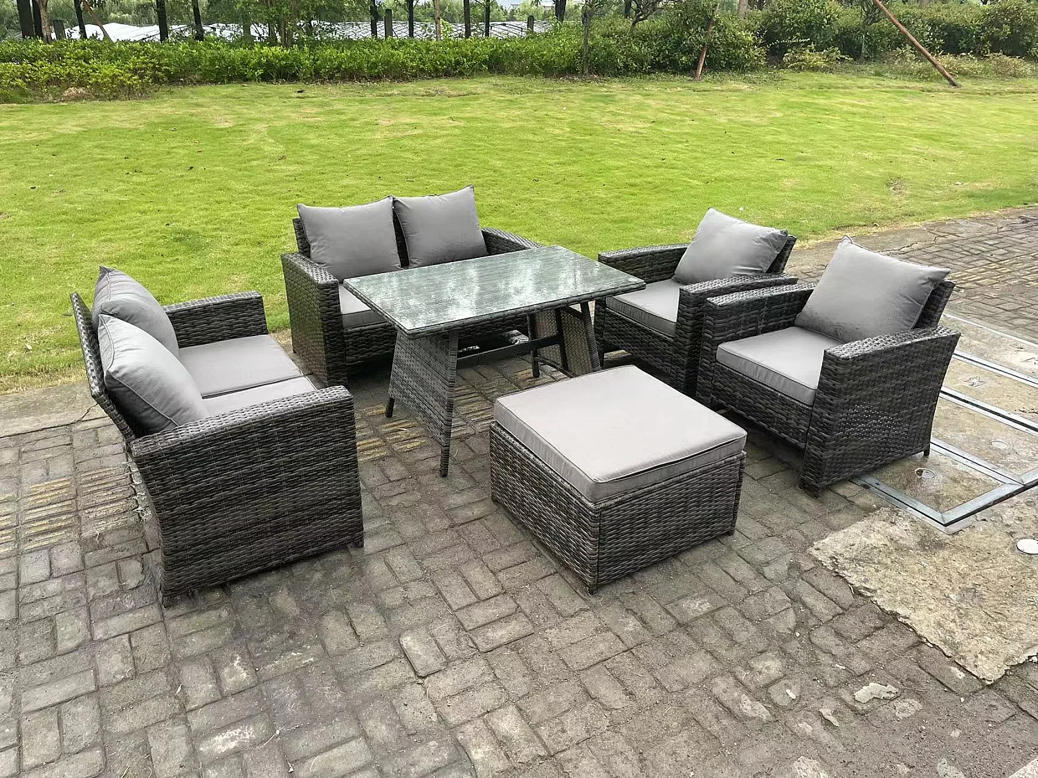 7 places Gris foncé mixte Dossier haut Meuble de Jardin Extérieur avec Canapé d'amour Fauteuil Table à manger