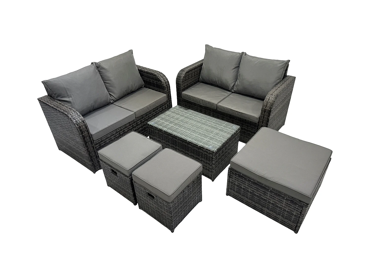 7-Sitzer Gartenmöbelset Rattan Garten Sofa im Freien Sessel mit Gehärteter Glastisch 3 Hockern Dunkelgrau Gemischt