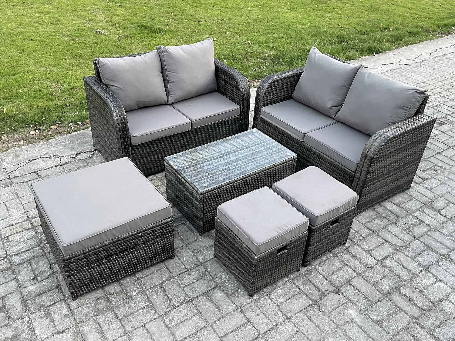 7 places Ensemble de meubles de jardin Canapés de terrasse Fauteuil avec Table en verre trempé 3 Tabourets Gris foncé mixte