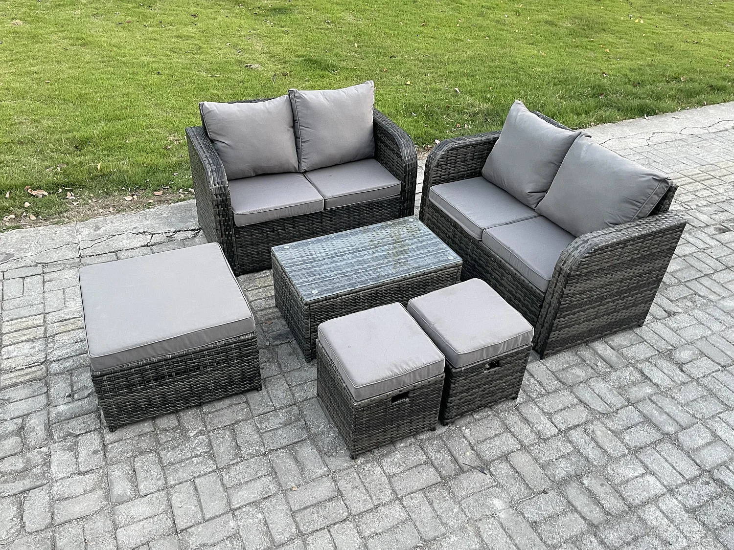 7 places Ensemble de meubles de jardin Canapés de terrasse Fauteuil avec Table en verre trempé 3 Tabourets Gris foncé mixte