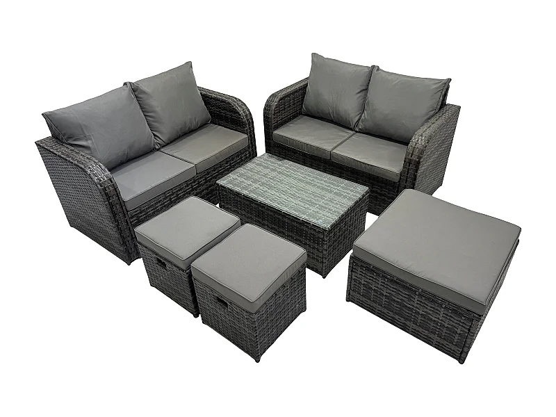 7 places Ensemble de meubles de jardin Canapés de terrasse Fauteuil avec Table en verre trempé 3 Tabourets Gris foncé mixte