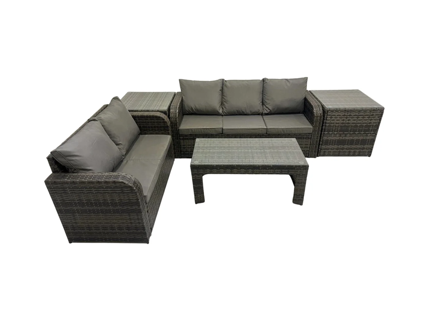 Hoher Rücken Rattan Gartenmöbel Sets mit Rechteckiger Couchtisch Liegestühle 2 Beistelltischen