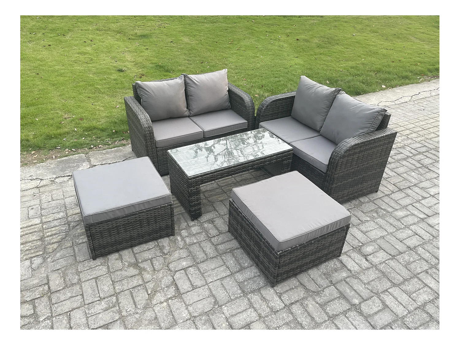 Dossier haut Salon de jardin avec Canapé d'amour Table basse rectangulaire 2 Grand tabourets Gris foncé mixte