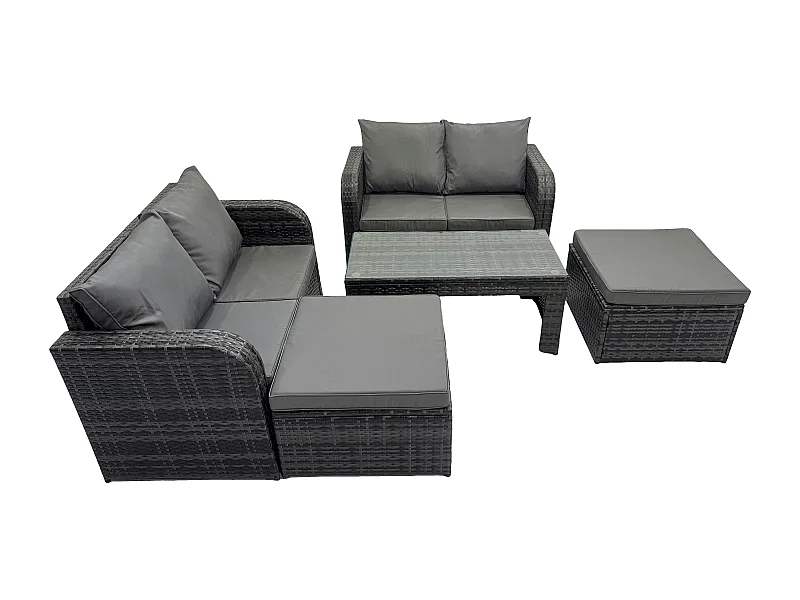 Hoher Rücken Polyrattan Gartenmöbel Set mit Loveseat Sofa Rechteckiger Couchtisch 2 hohen Hockern Garten Lounge Set Dunkelgrau Gemischt