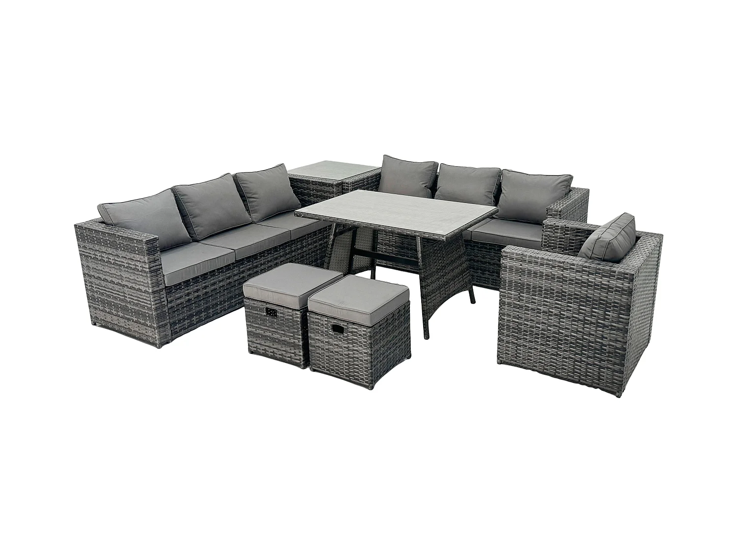9-Sitzer Gartenmöbel Lounge Sofa Set mit Esstisch Sessel Beistelltisch 2 kleine Fußhockern Dunkelgrau Gemischt