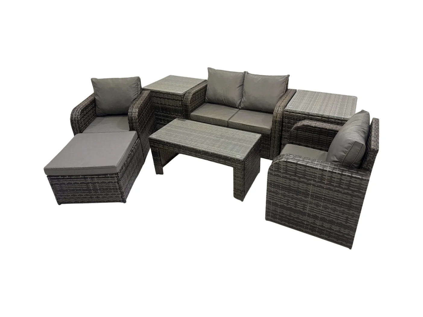 7 PCS Ensemble de meubles de jardin en polyrotin avec Table basse rectangulaire Canapé d'amour 2 Tables d'appoint Grand tabouret Gris foncé mixte