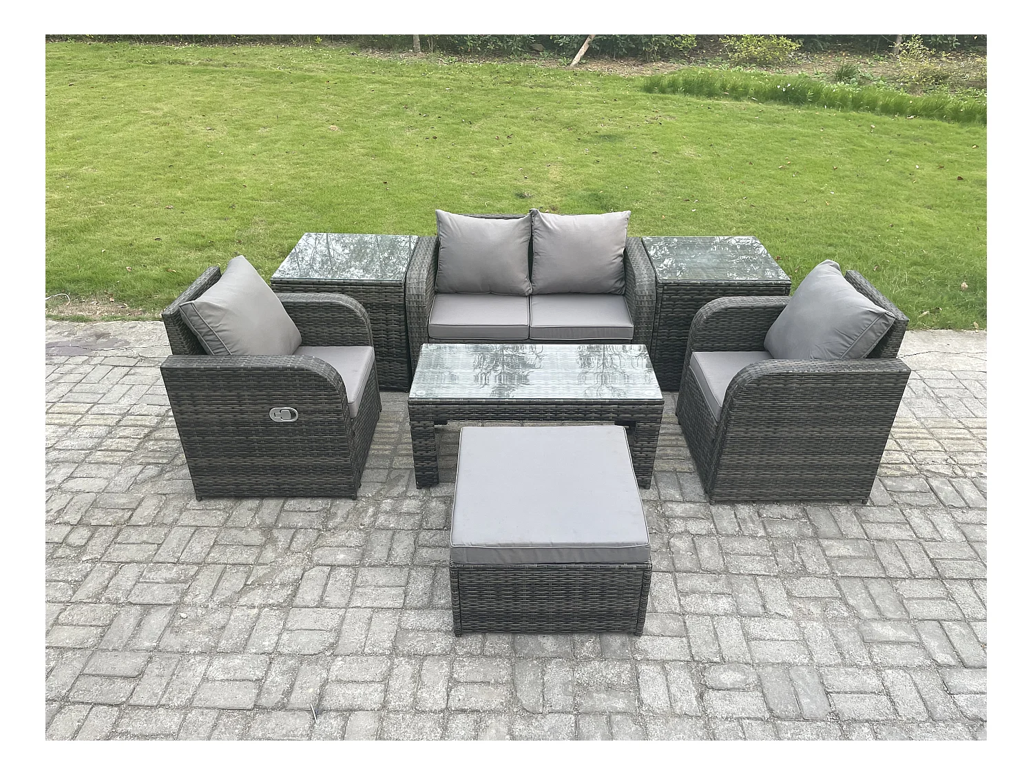 7 PCS Ensemble de meubles de jardin en polyrotin avec Table basse rectangulaire Canapé d'amour 2 Tables d'appoint Grand tabouret Gris foncé mixte