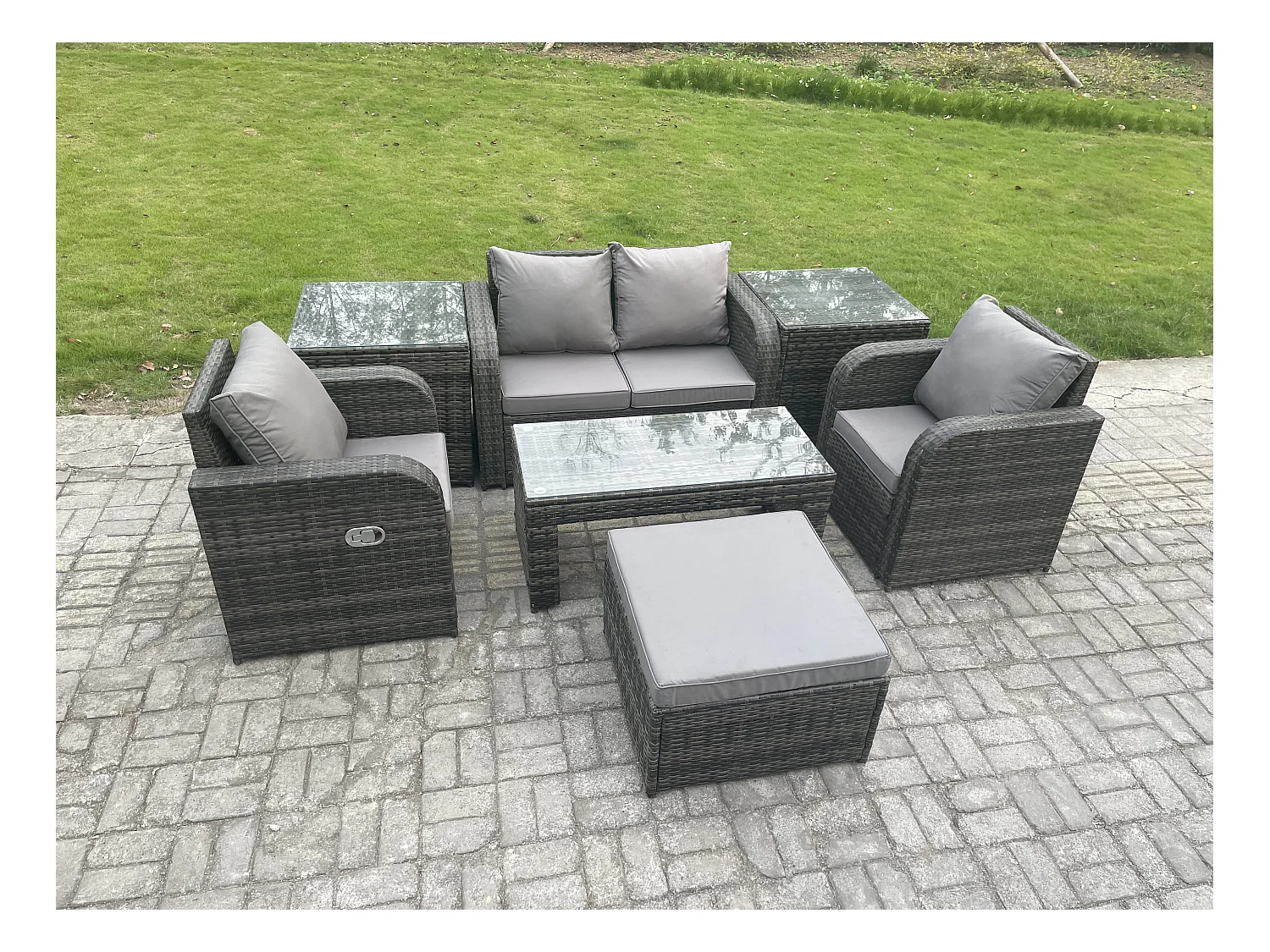 7 PCS Ensemble de meubles de jardin en polyrotin avec Table basse rectangulaire Canapé d'amour 2 Tables d'appoint Grand tabouret Gris foncé mixte