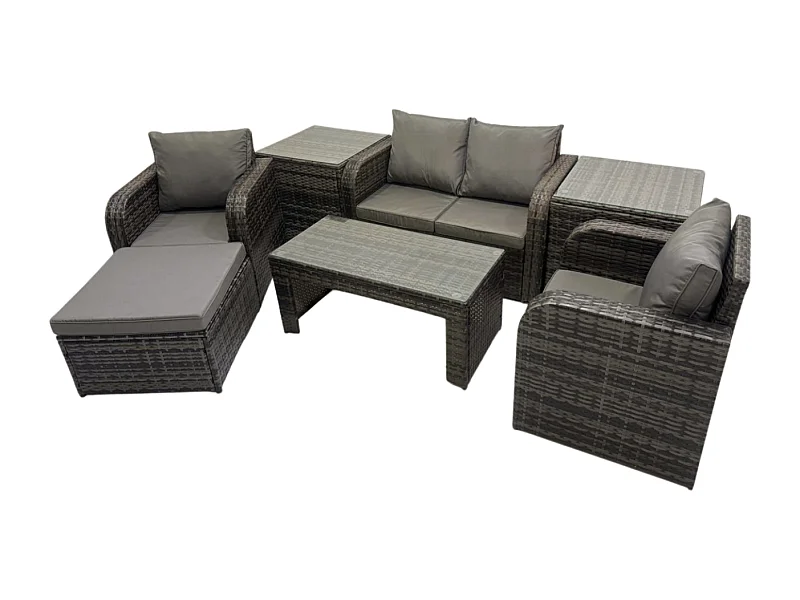 7 PCS Ensemble de meubles de jardin en polyrotin avec Table basse rectangulaire Canapé d'amour 2 Tables d'appoint Grand tabouret Gris foncé mixte