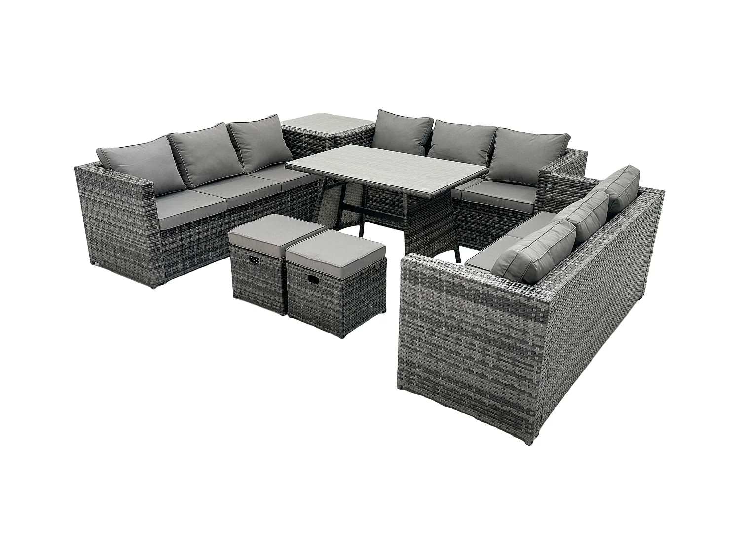 Rattan Gartenmöbel Set im Balkon Lounge Sofa Garten Esstisch Set mit Beistelltisch 2 kleine Fußhockern 11-Sitzer Dunkelgrau Gemischt