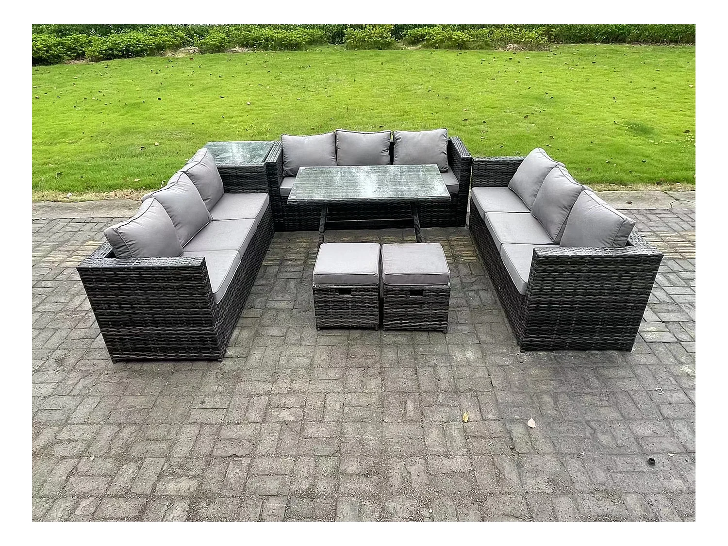 Rattan Gartenmöbel Set im Balkon Lounge Sofa Garten Esstisch Set mit Beistelltisch 2 kleine Fußhockern 11-Sitzer Dunkelgrau Gemischt
