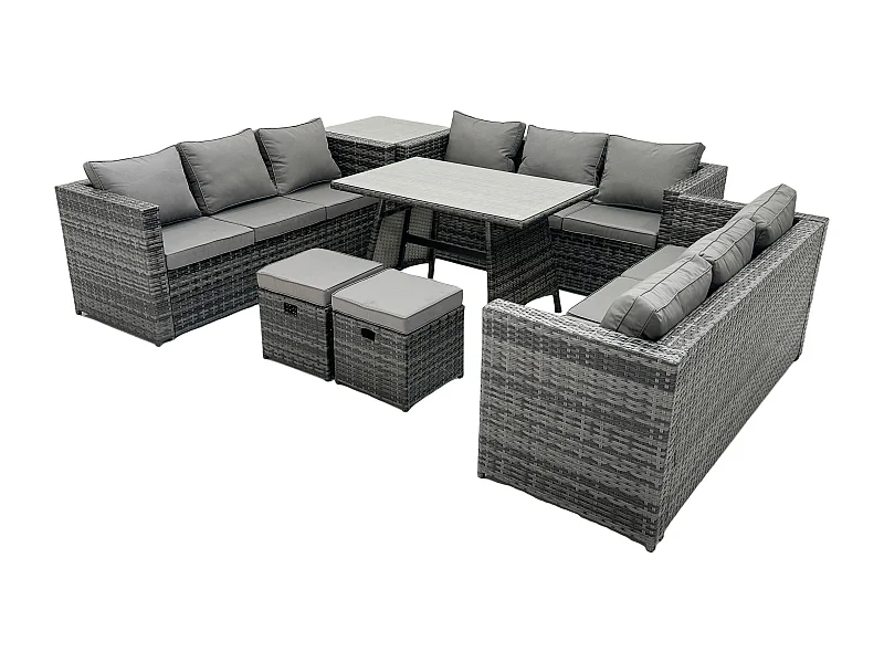 Ensemble de canapé en rotin extérieur avec Table à manger Table d'appoint 2 Petits tabourets 11 places Gris foncé mixte