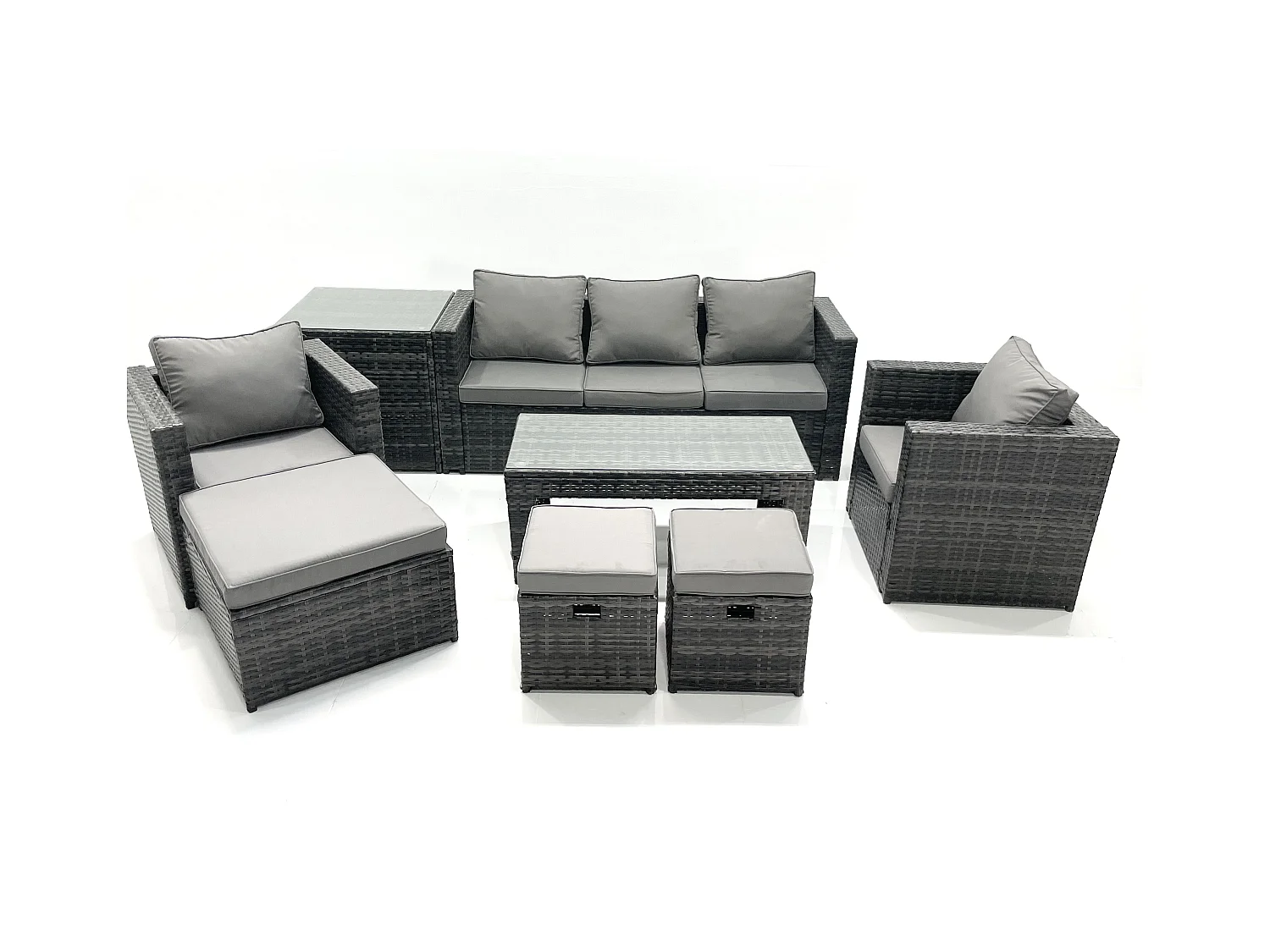 8 places Salon de jardin Ensemble de canapés en rotin avec Table basse 2 Fauteuil 3 Tabourets Table d'appoint Gris foncé mixte