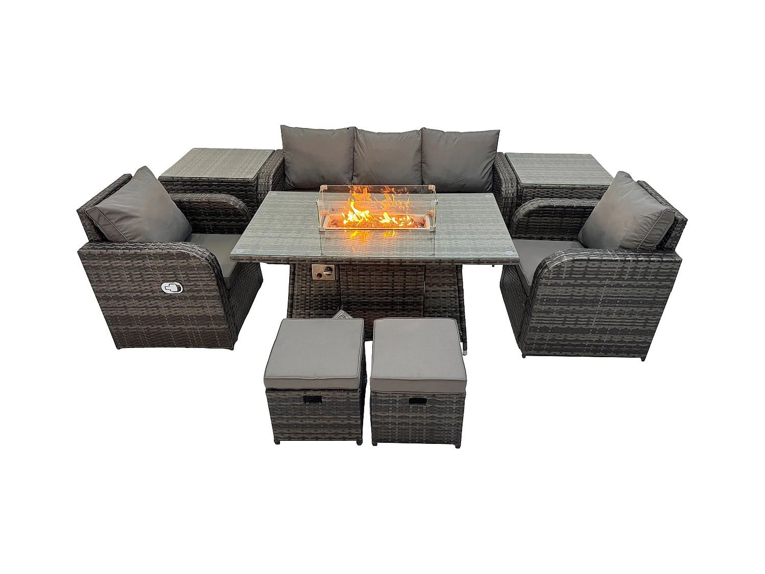 Polyrattan Gartenmöbel set Gas Feuerstelle Esstisch mit 2 Beistelltisch Sessel Fußhocker