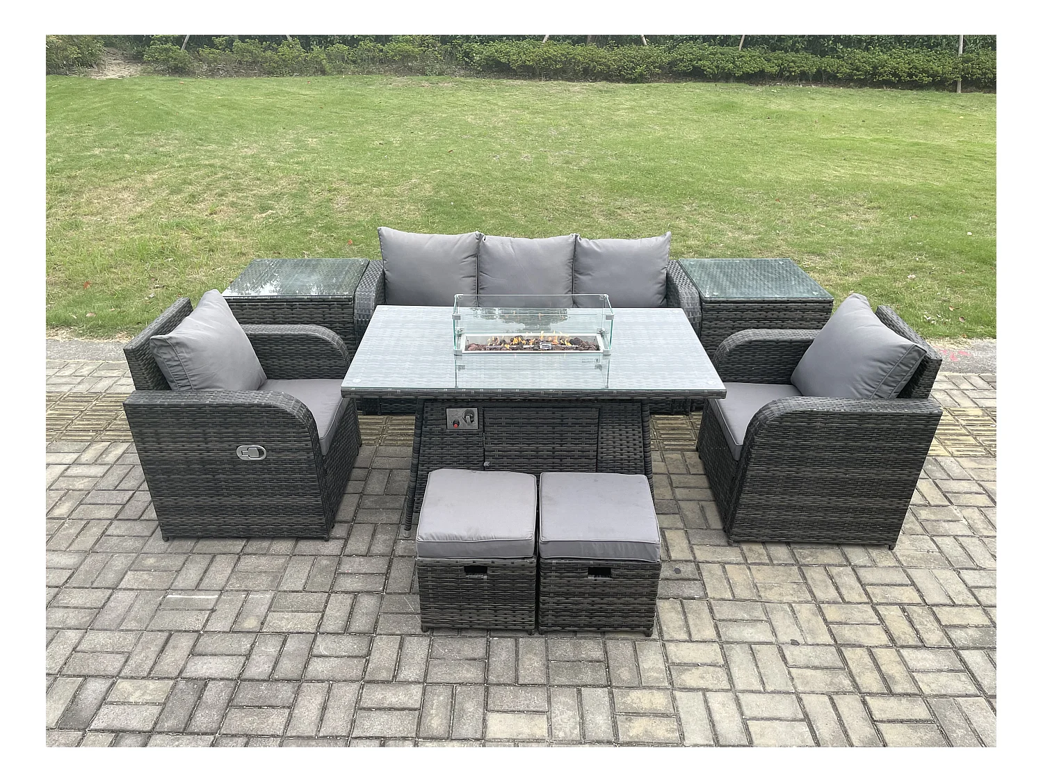 Polyrattan Gartenmöbel set Gas Feuerstelle Esstisch mit 2 Beistelltisch Sessel Fußhocker