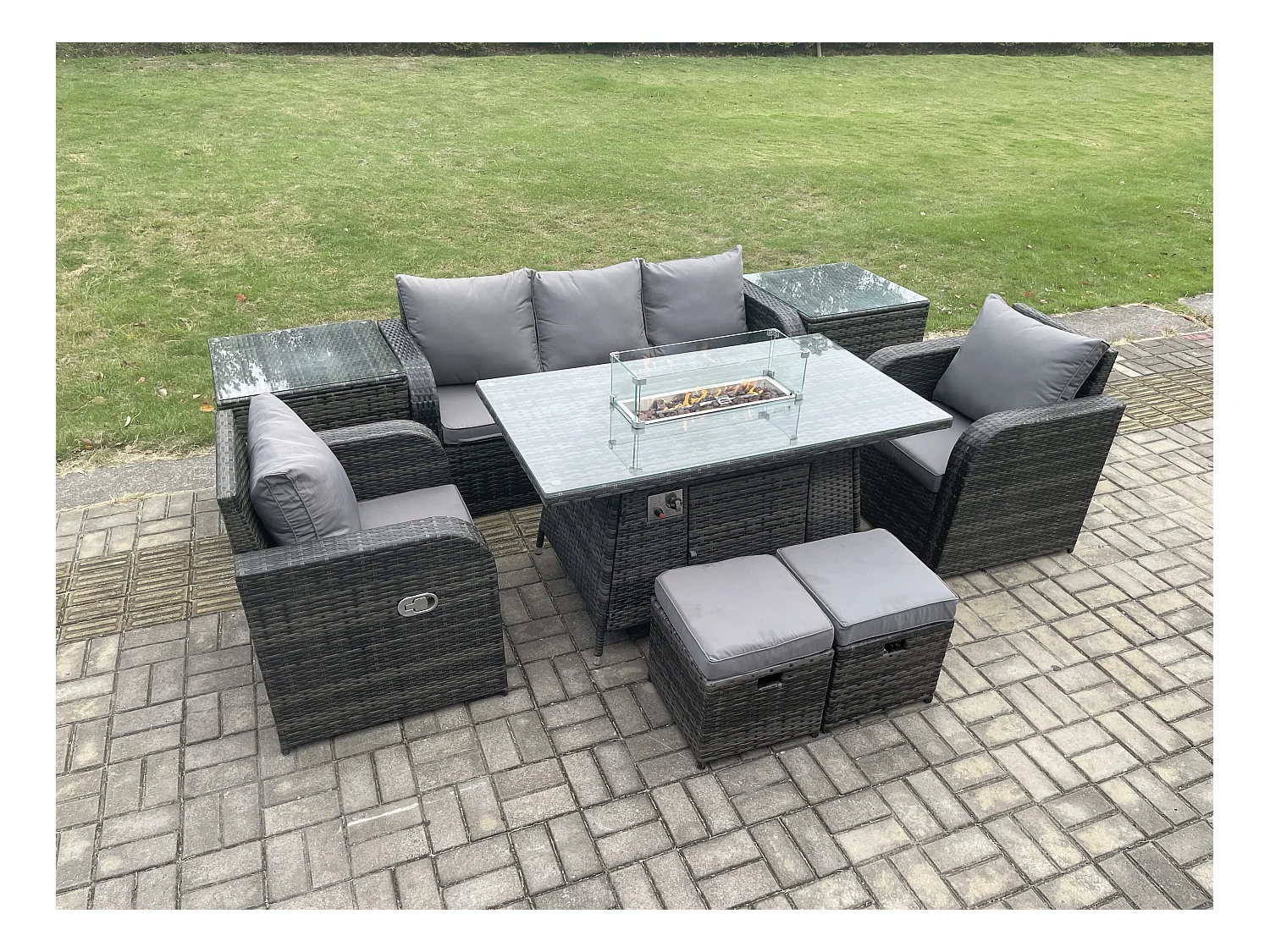 Polyrattan Gartenmöbel set Gas Feuerstelle Esstisch mit 2 Beistelltisch Sessel Fußhocker