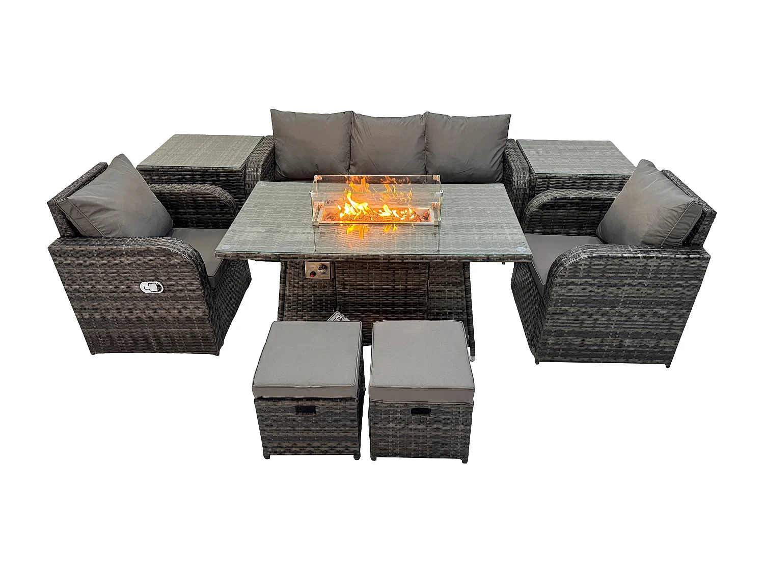 Polyrattan Gartenmöbel set Gas Feuerstelle Esstisch mit 2 Beistelltisch Sessel Fußhocker