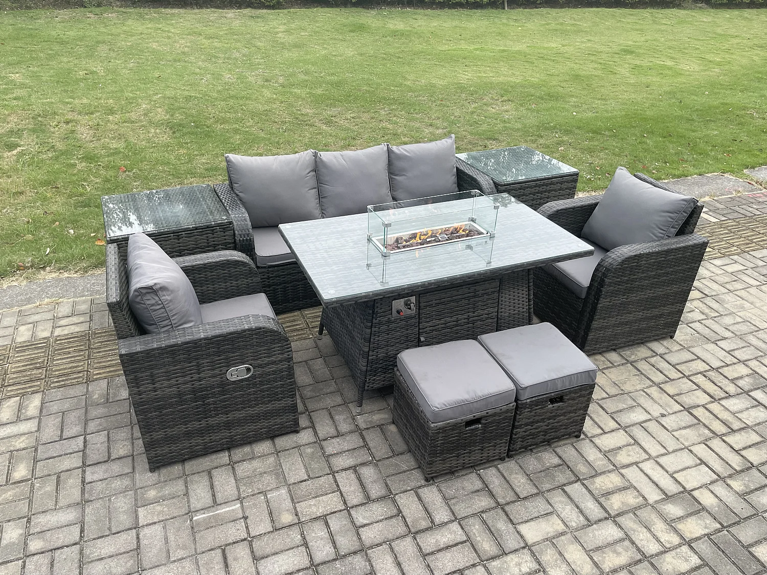 Polyrattan Gartenmöbel set Gas Feuerstelle Esstisch mit 2 Beistelltisch Sessel Fußhocker