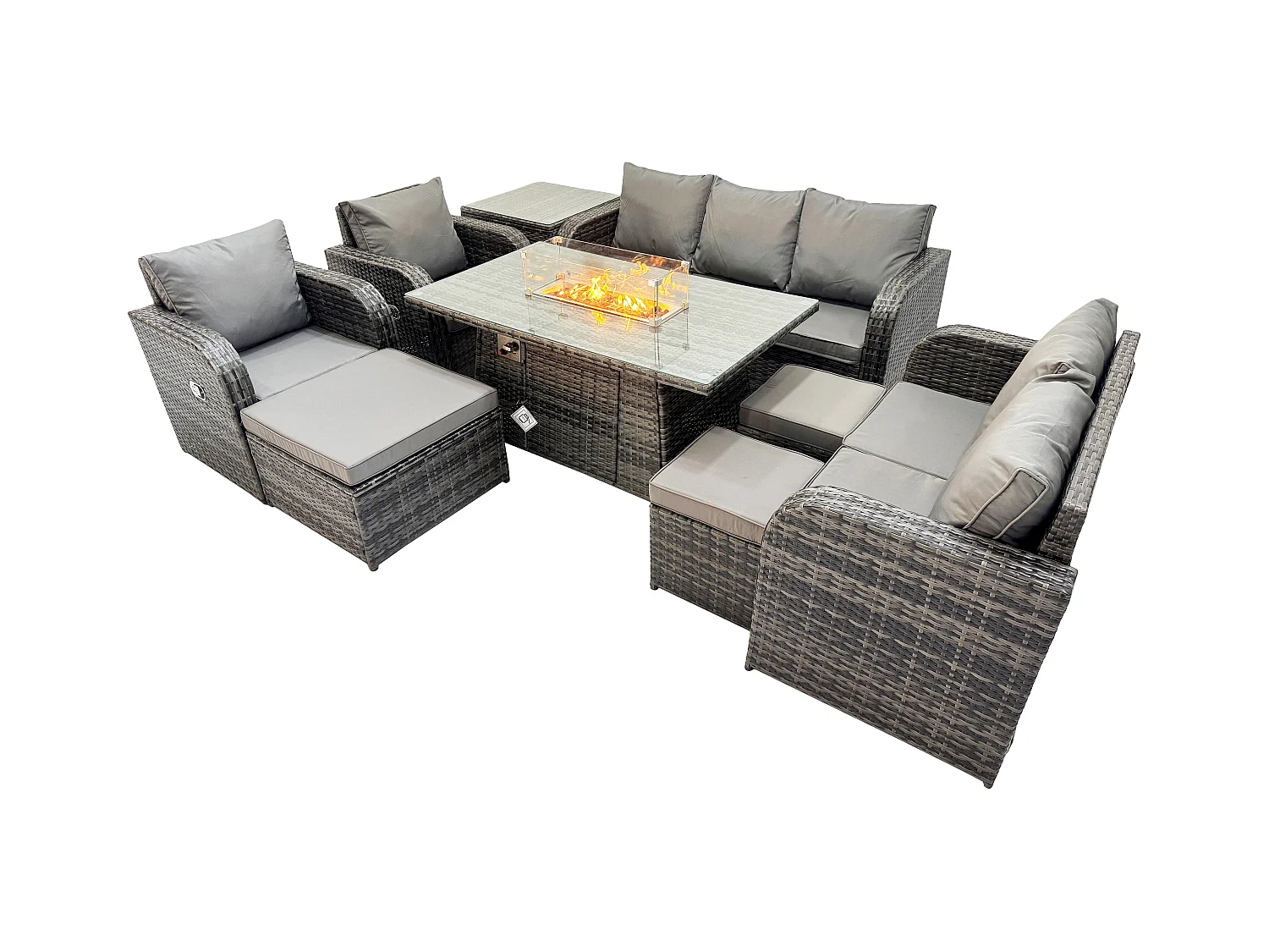 10-Sitzer Polyrattan Gartenmöbelset Gasfeuerstelle Esstisch und Sofa Sessel set mit 3 Hockern Beistelltisch